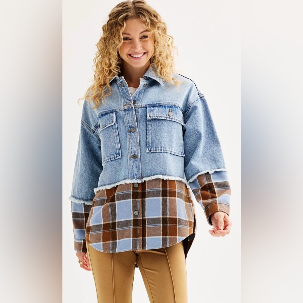 NEW SO® Denim & Plaid Mixed Media Jacket - Blue/Brown XS but fits larger